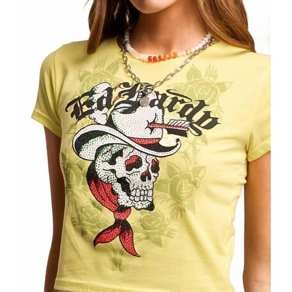 NEW ED HARDY skull cowboy baby cropped t-shirt in lemon - Picture 3 of 4